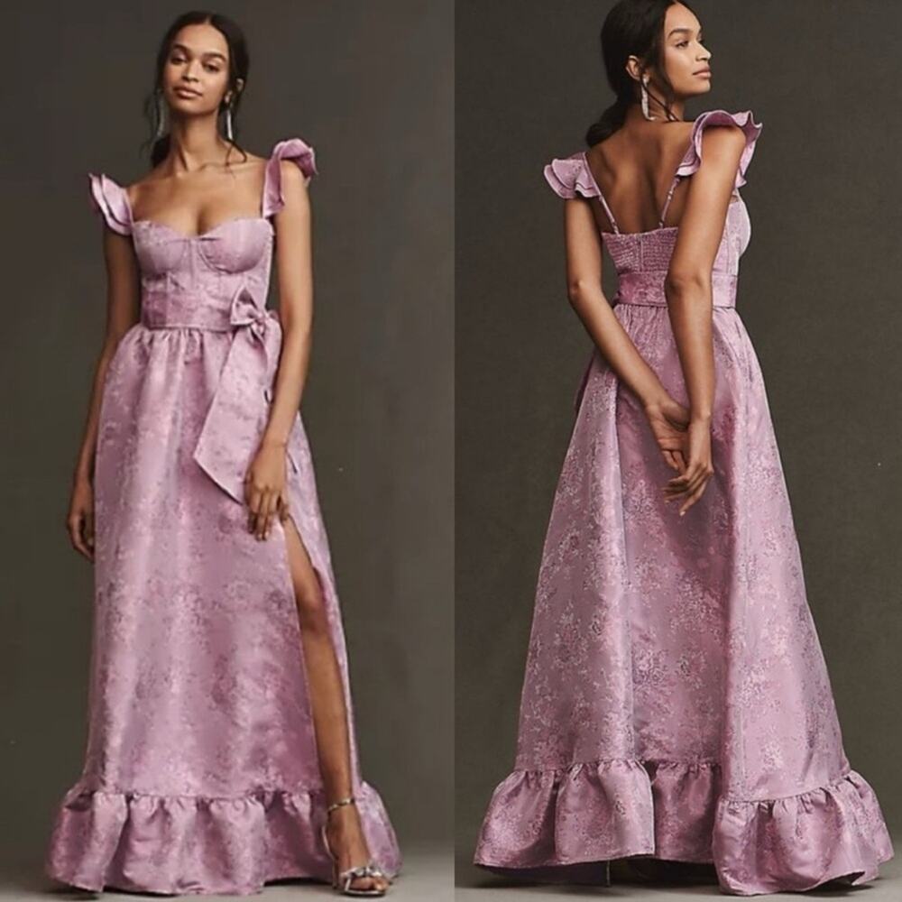 V. Chapman Lilac Floral Jacquard Ruffled Strap Maxi Dress